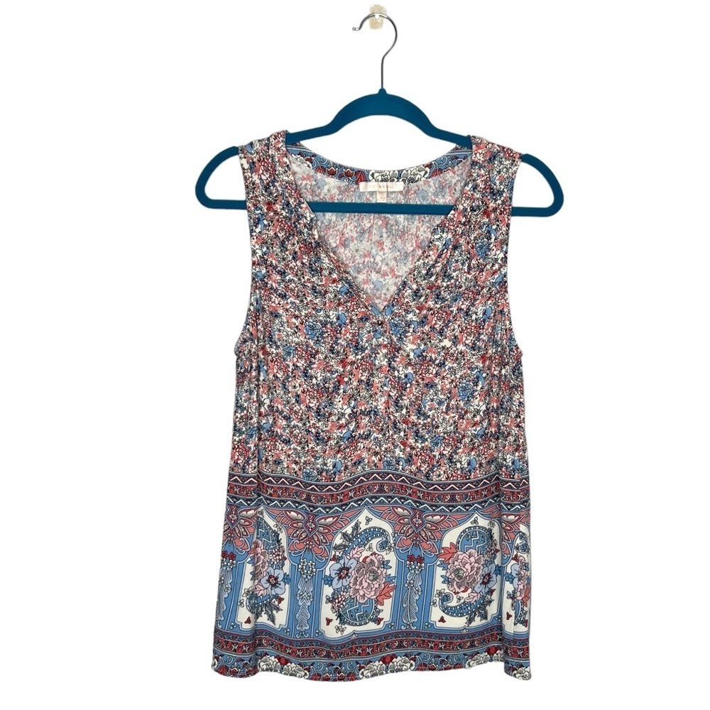 Skies Are Blue Floral Sleeveless V Neck Button Rayon Blouse